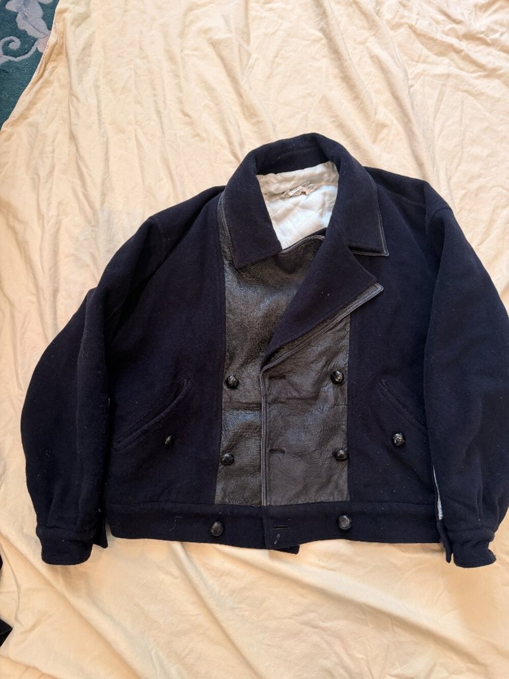 Vintage Gucci Navy Wool & Leather Double-Breasted Jacket Size 46